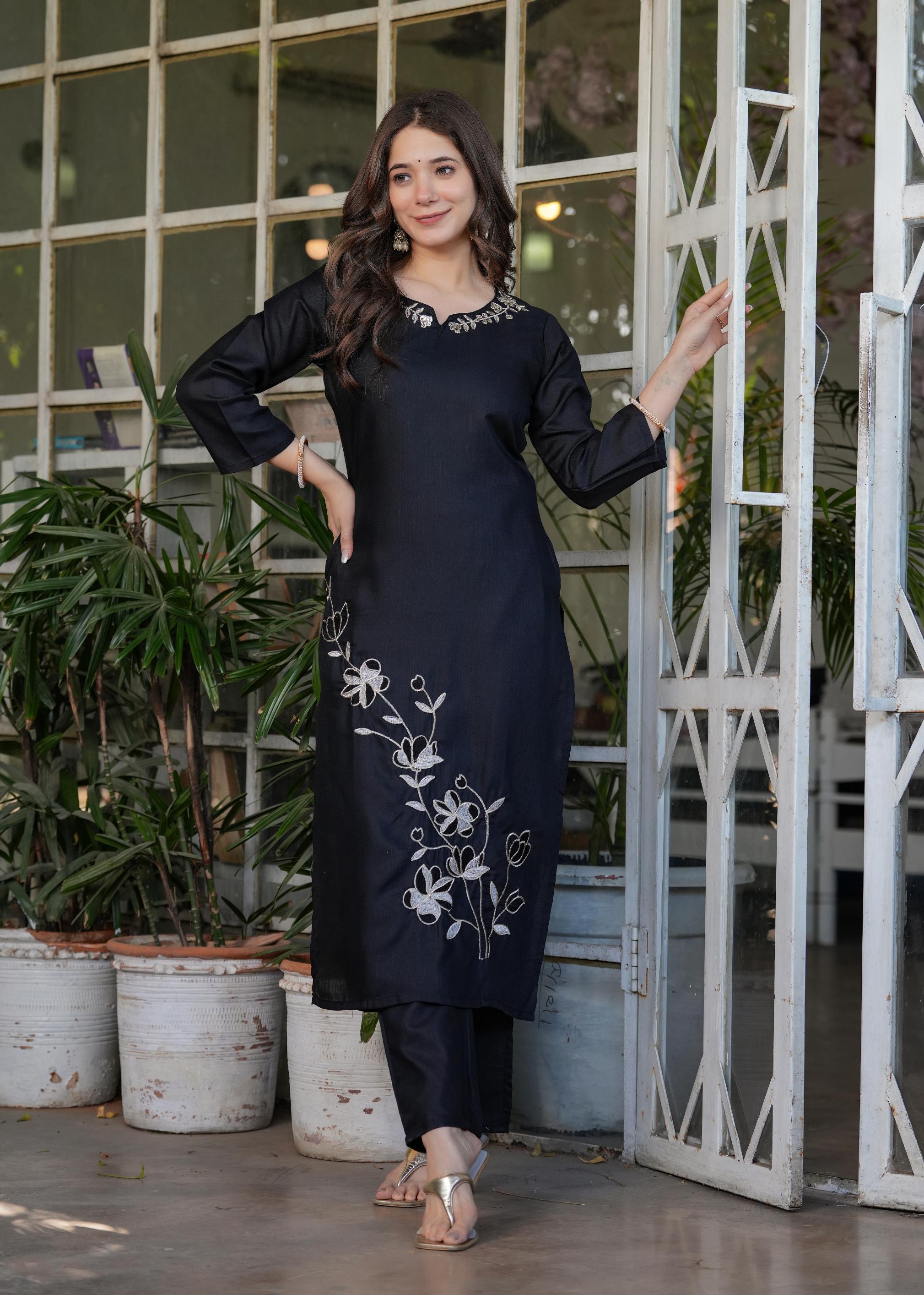 The52 Beautiful Thread Work Viscose Rayon Fabric Straight Kurta, Pant and Dupatta Set
