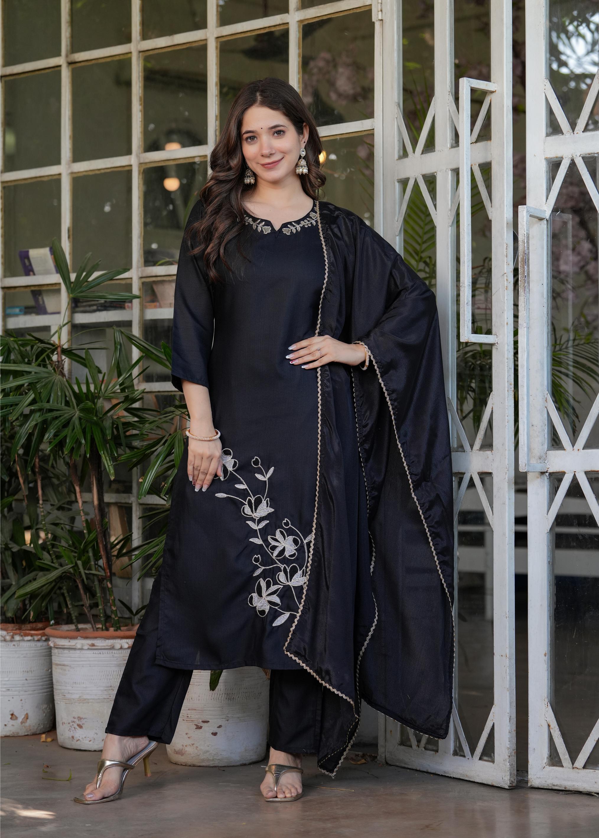 The52 Beautiful Thread Work Viscose Rayon Fabric Straight Kurta, Pant and Dupatta Set