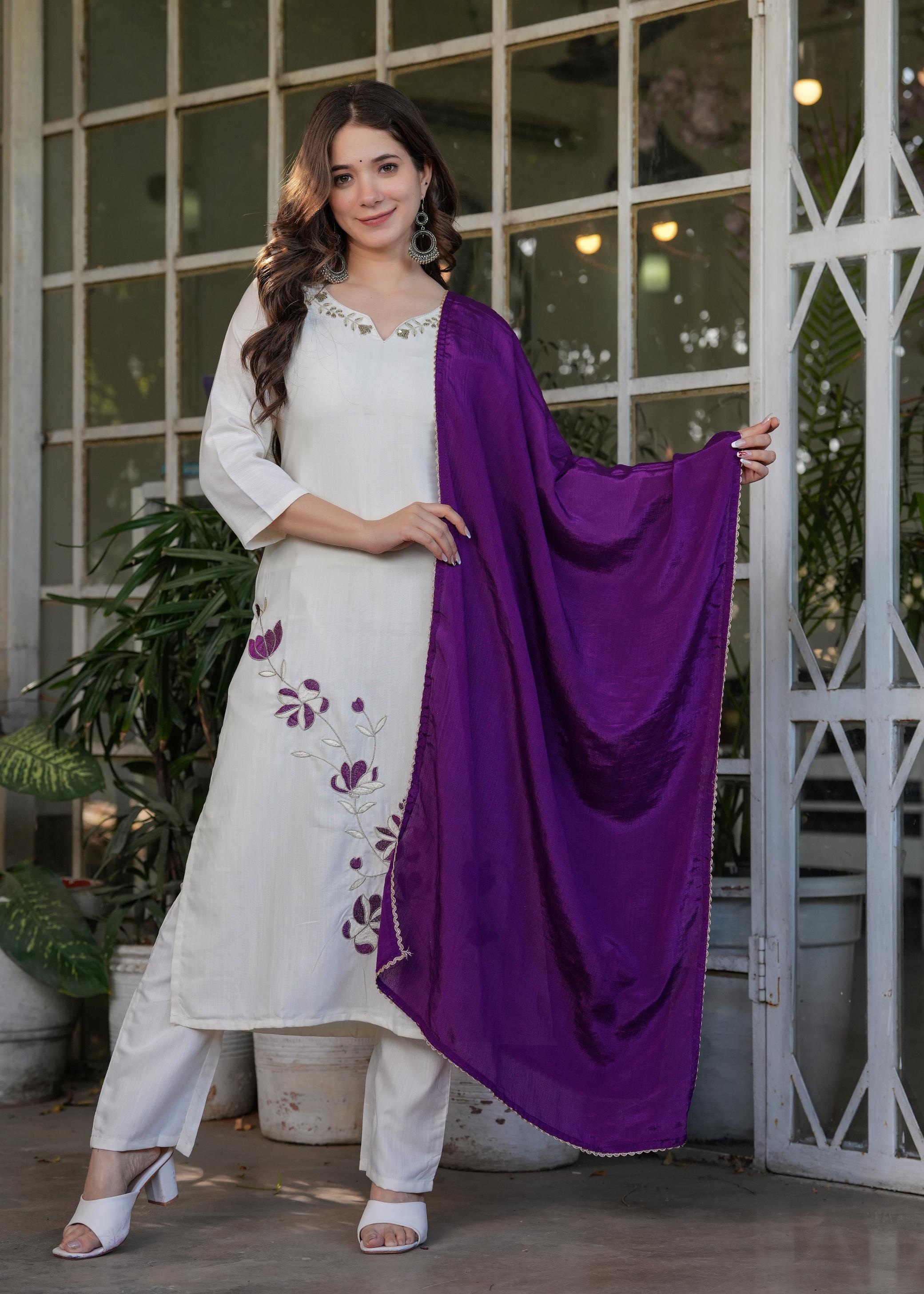 The52 Beautiful Thread Work Viscose Rayon Fabric Straight Kurta, Pant and Dupatta Set