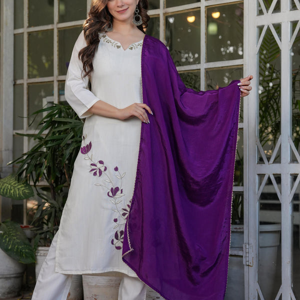 The52 Beautiful Thread Work Viscose Rayon Fabric Straight Kurta, Pant and Dupatta Set