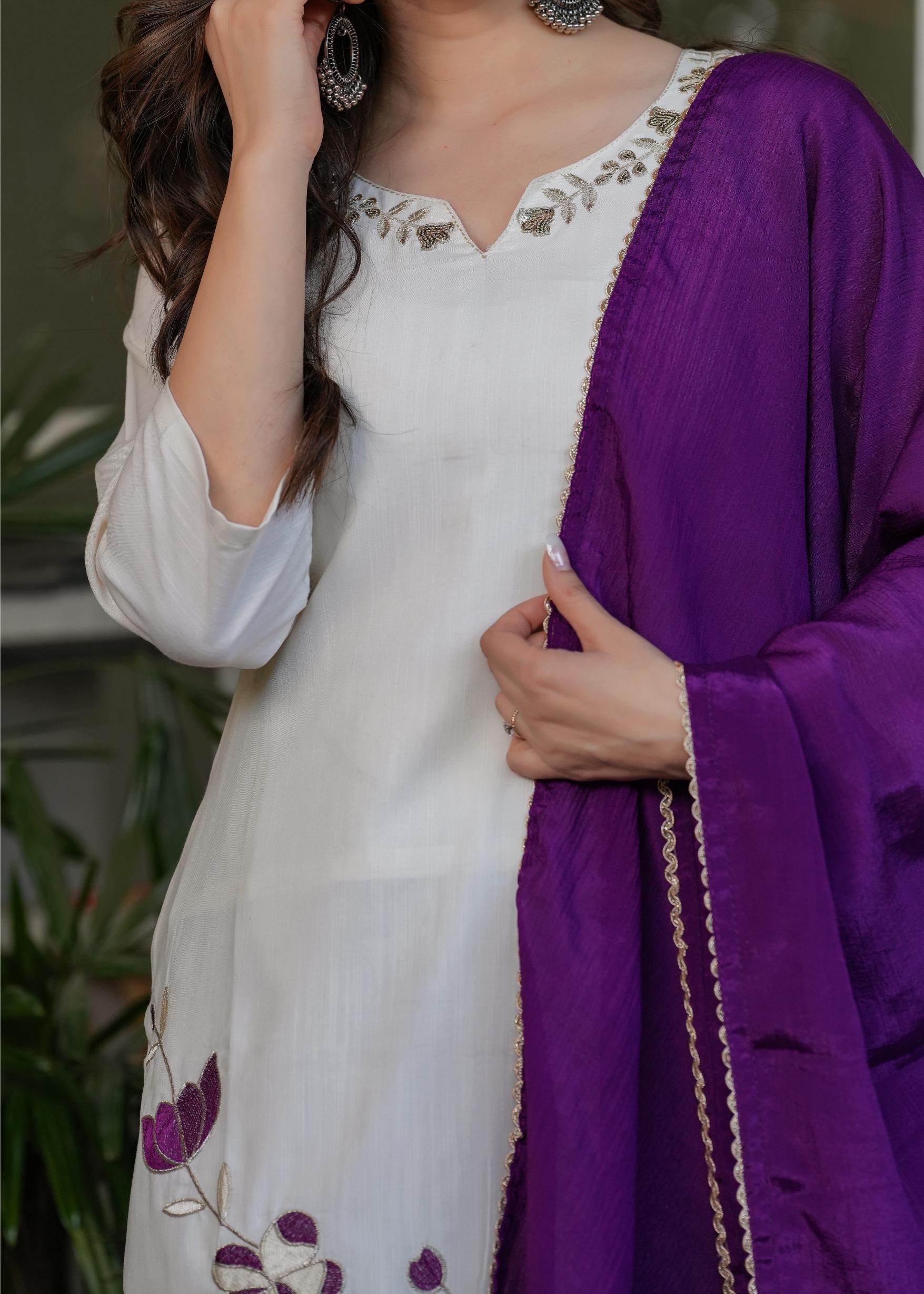 The52 Beautiful Thread Work Viscose Rayon Fabric Straight Kurta, Pant and Dupatta Set