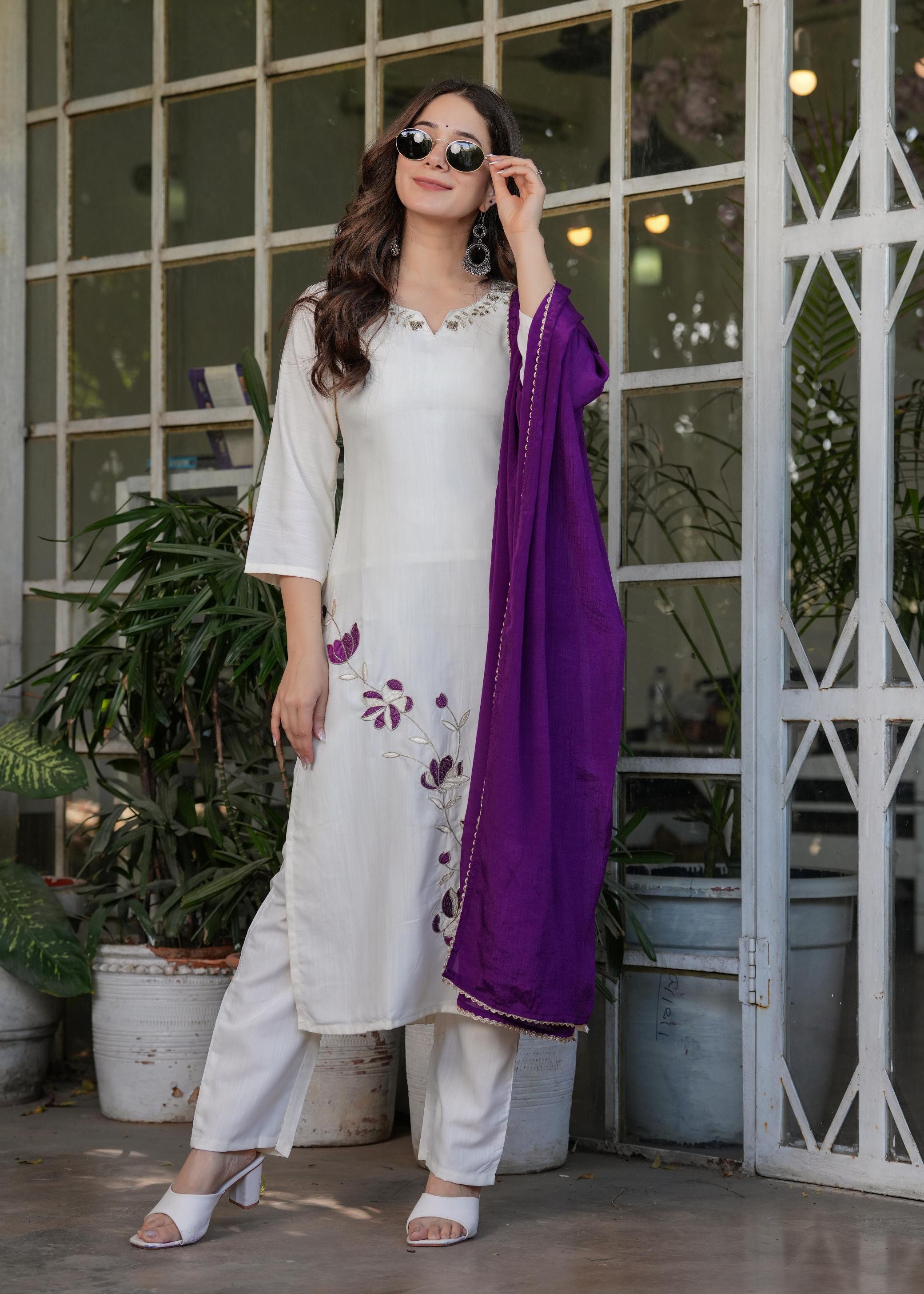 The52 Beautiful Thread Work Viscose Rayon Fabric Straight Kurta, Pant and Dupatta Set