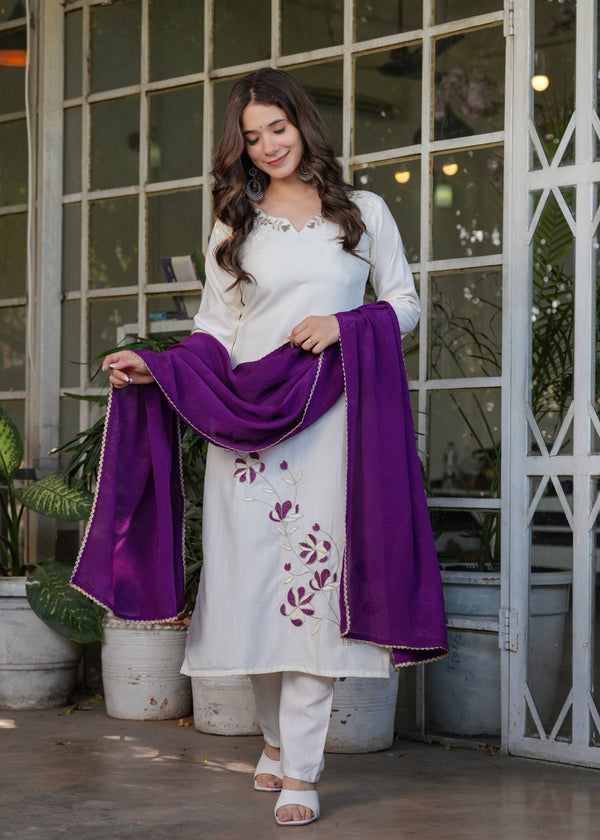 Teeya Creation White Color Viscose Rayon Embroidery Work Fully Stitched Kurti Set