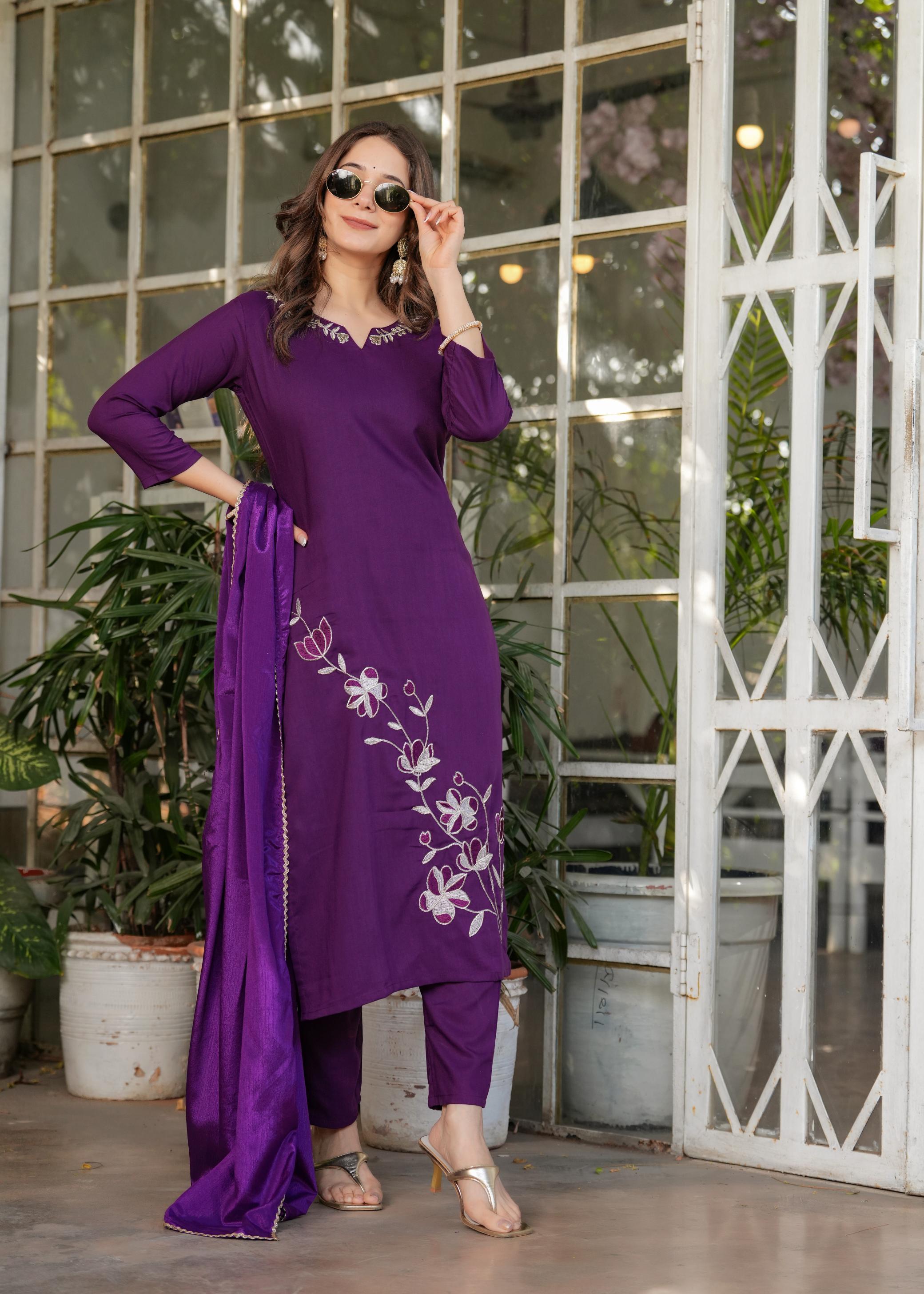 The52 Beautiful Thread Work Viscose Rayon Fabric Straight Kurta, Pant and Dupatta Set