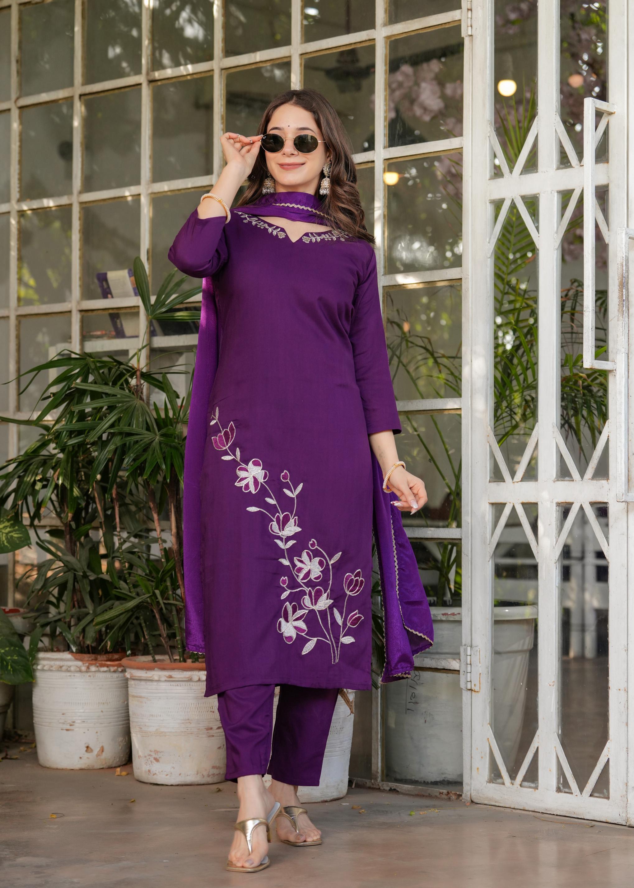 The52 Beautiful Thread Work Viscose Rayon Fabric Straight Kurta, Pant and Dupatta Set