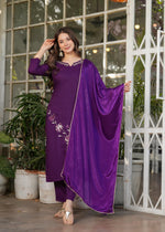 Thumbnail for The52 Beautiful Thread Work Viscose Rayon Fabric Straight Kurta, Pant and Dupatta Set