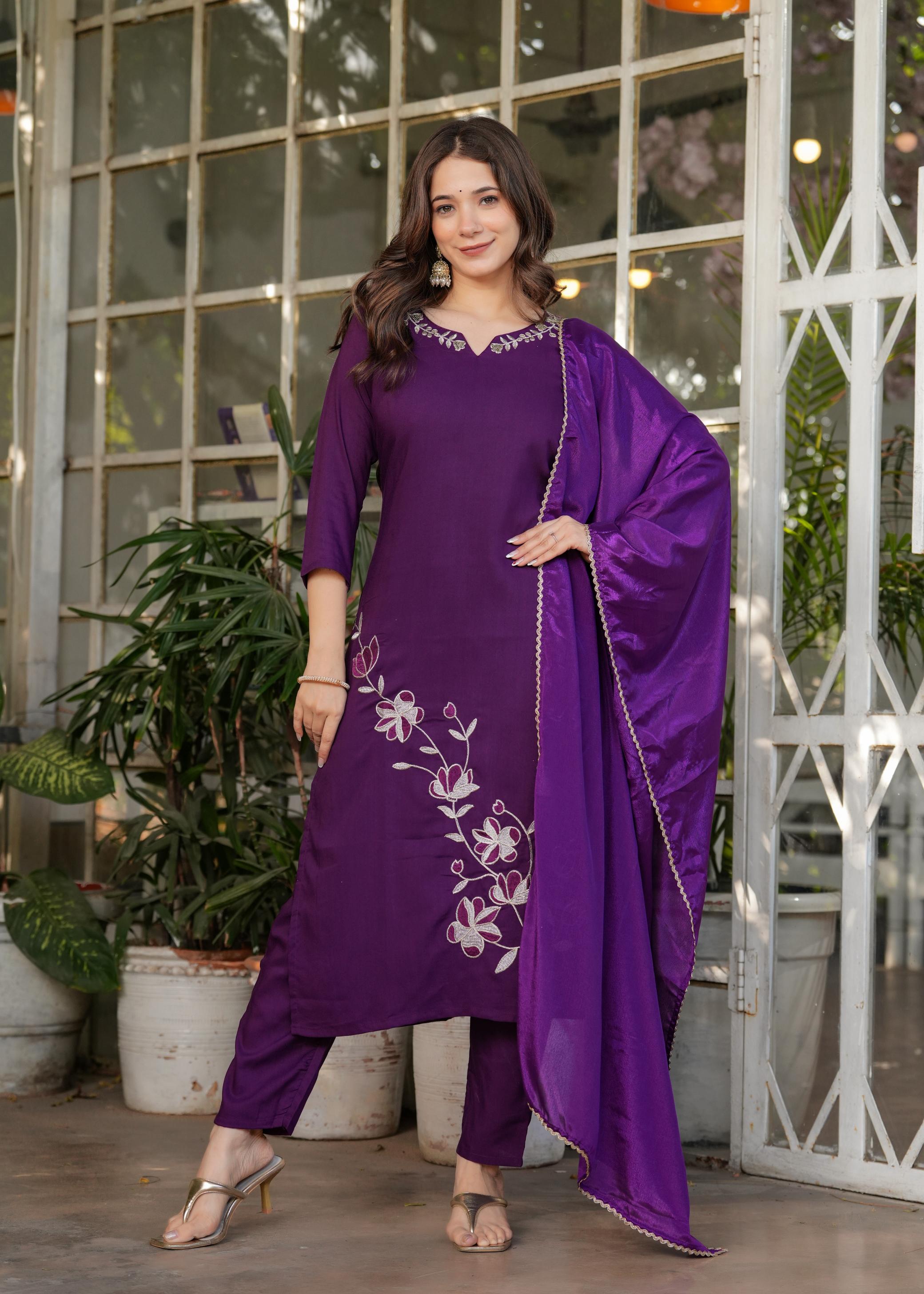 The52 Beautiful Thread Work Viscose Rayon Fabric Straight Kurta, Pant and Dupatta Set