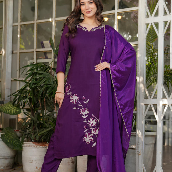 The52 Beautiful Thread Work Viscose Rayon Fabric Straight Kurta, Pant and Dupatta Set - Distacart
