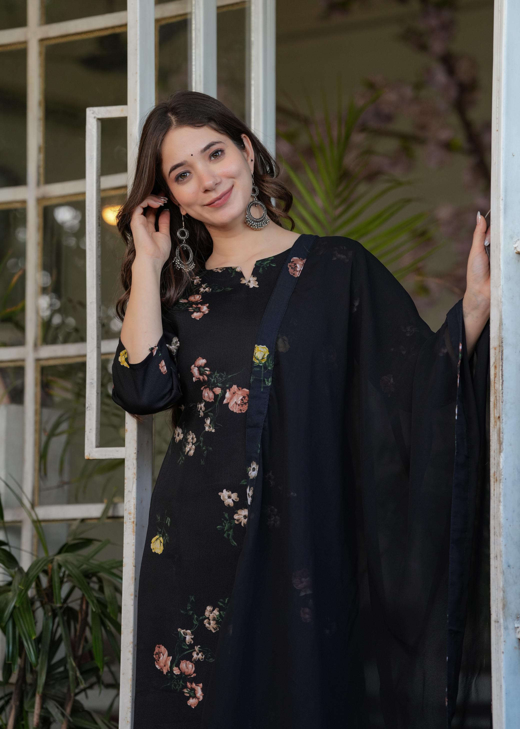 The52 French Crepe Fabric work Straight cut Kurta, Pant and Dupatta Set