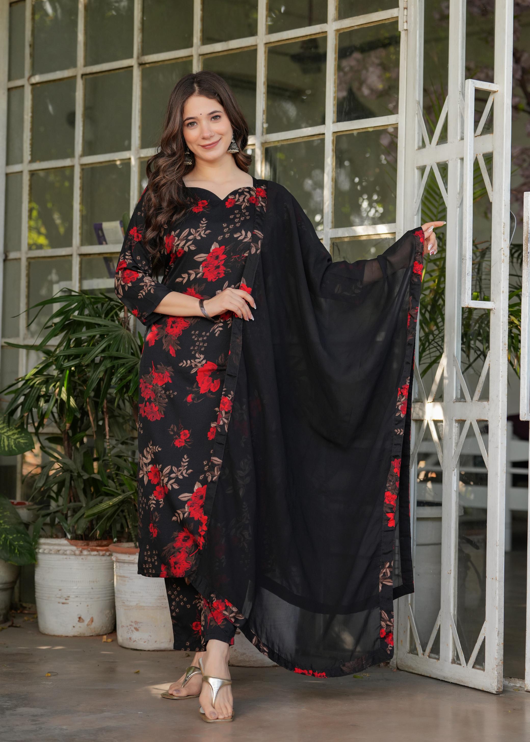 The52 Women's Printed Silk Blend Fabric Straight Kurta, Pant and Dupatta Set