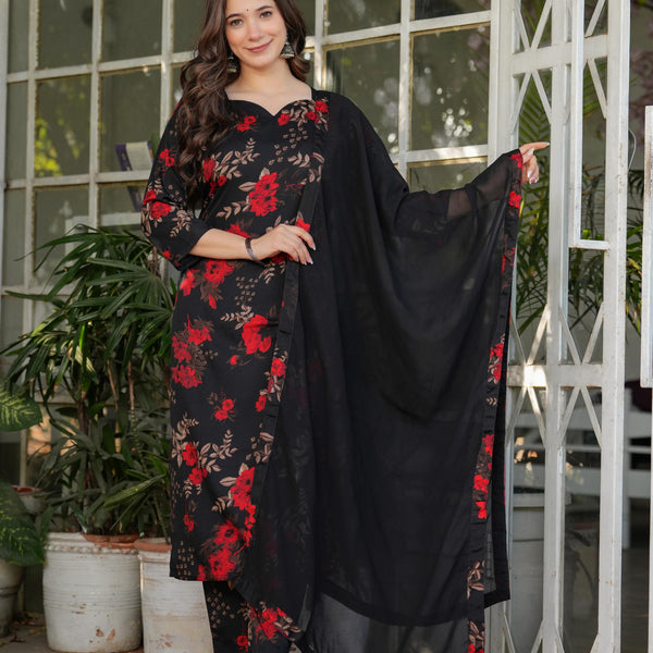 The52 Women's Printed Silk Blend Fabric Straight Kurta, Pant and Dupatta Set