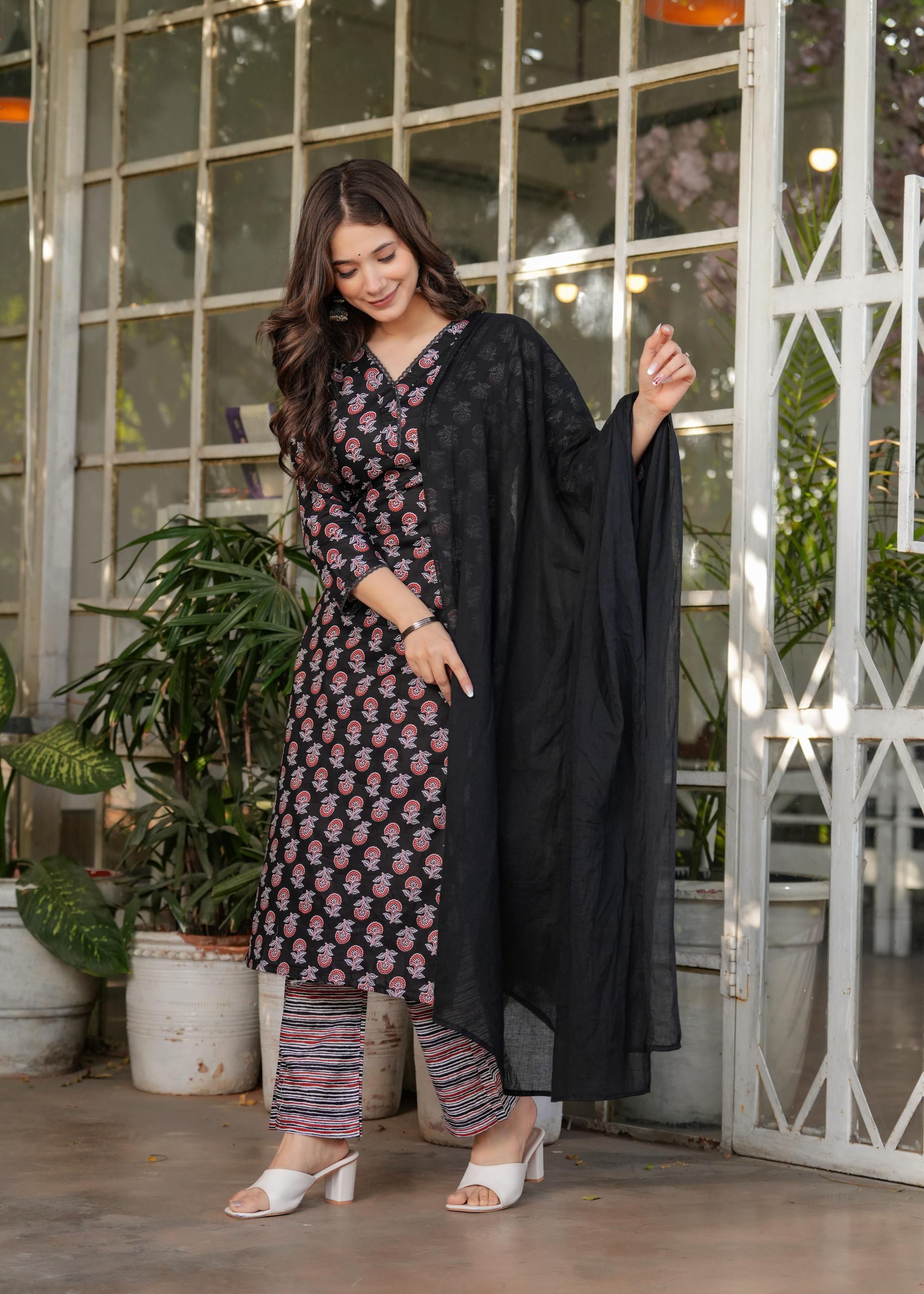 The52 Women's Printed Pure Cotton Fabric Straight Kurta, Pant and Dupatta Set