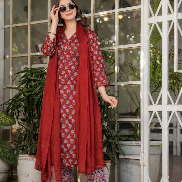 The52 Women's Printed Pure Cotton Fabric Straight Kurta, Pant and Dupatta Set - Distacart