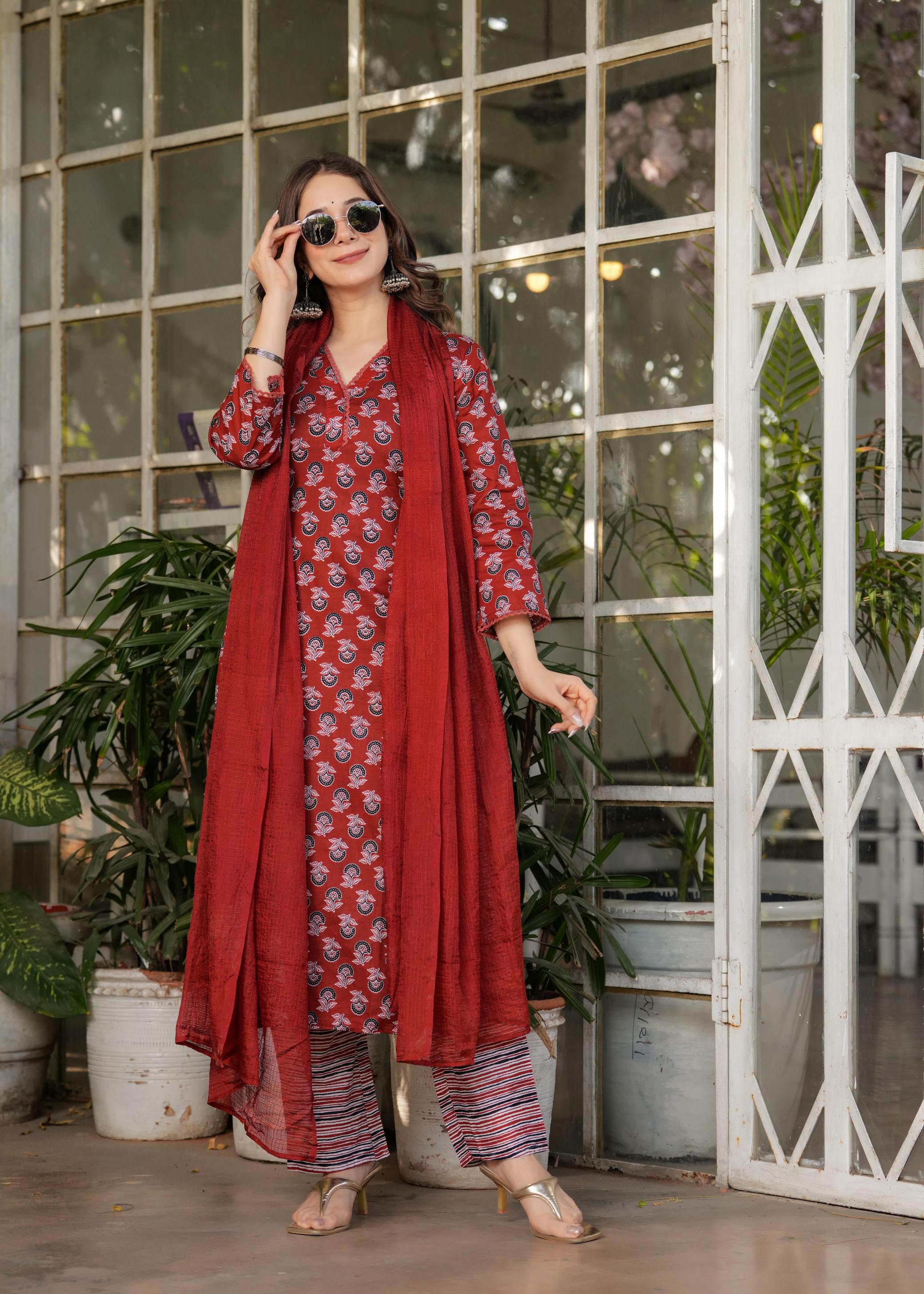 The52 Women's Printed Pure Cotton Fabric Straight Kurta, Pant and Dupatta Set - Distacart