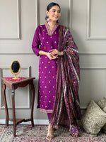 Thumbnail for Teeya Creation Dark Wine Color Viscose Chanderi Embroidery Work Fully Stitched Kurti Set