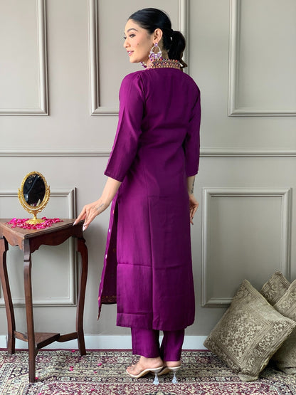 Teeya Creation Dark Wine Color Viscose Chanderi Embroidery Work Fully Stitched Kurti Set - Distacart