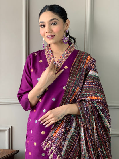 Teeya Creation Dark Wine Color Viscose Chanderi Embroidery Work Fully Stitched Kurti Set - Distacart