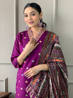Thumbnail for Teeya Creation Purple Color Viscose Chanderi Embroidery Work Fully Stitched Kurti Set