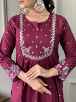 Thumbnail for The52 Wine Embroidered Viscose Chanderi Fabric Straight Kurta, Pant and Dupatta Set
