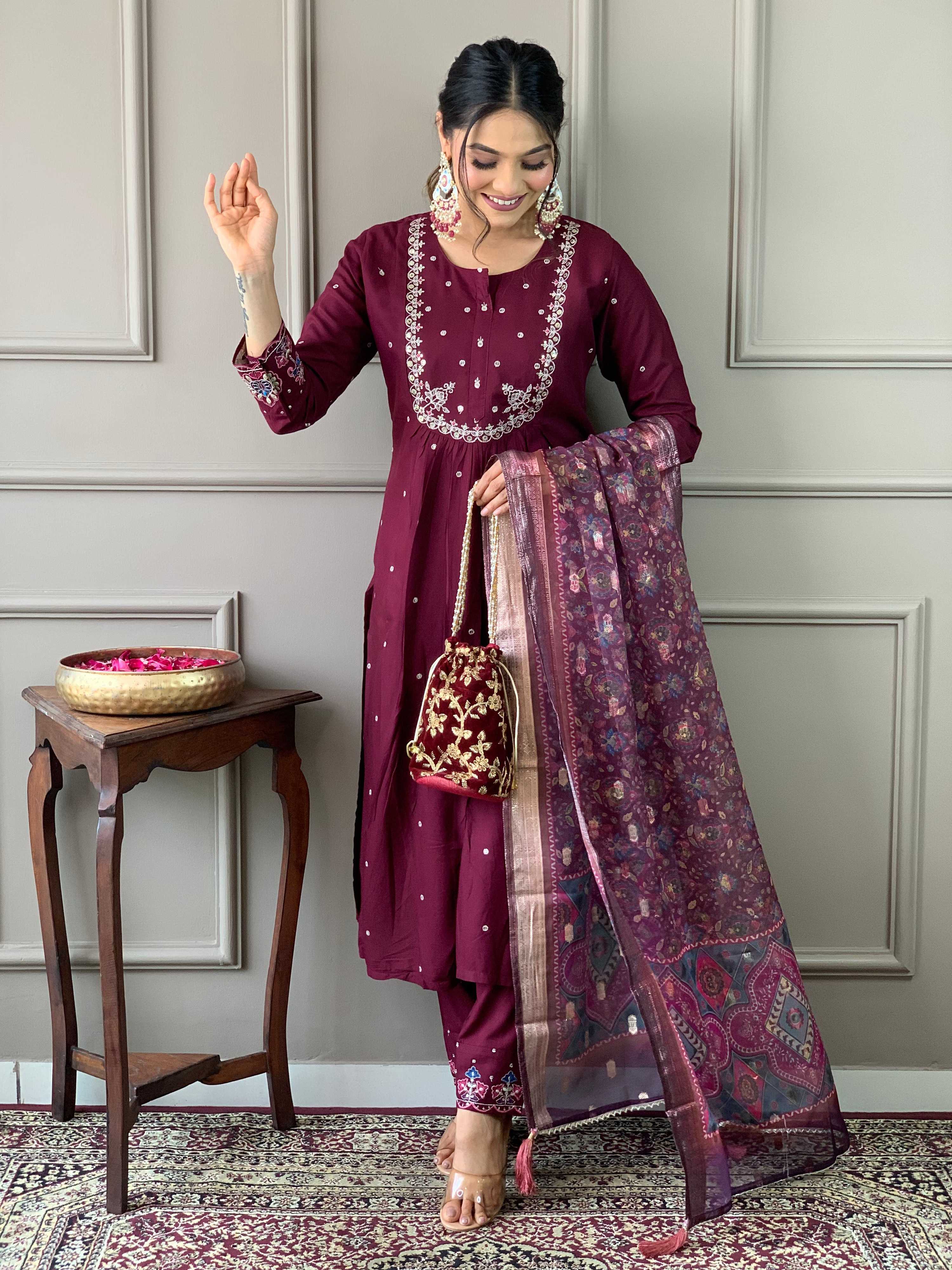 The52 Wine Embroidered Viscose Chanderi Fabric Straight Kurta, Pant and Dupatta Set