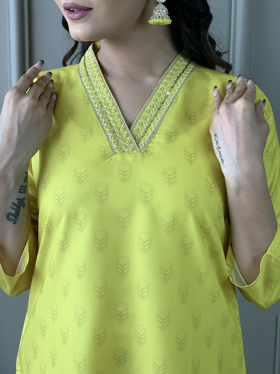 The52 Yellow Embroidered Rayon Fabric Straight Kurta, Pant and Dupatta Set