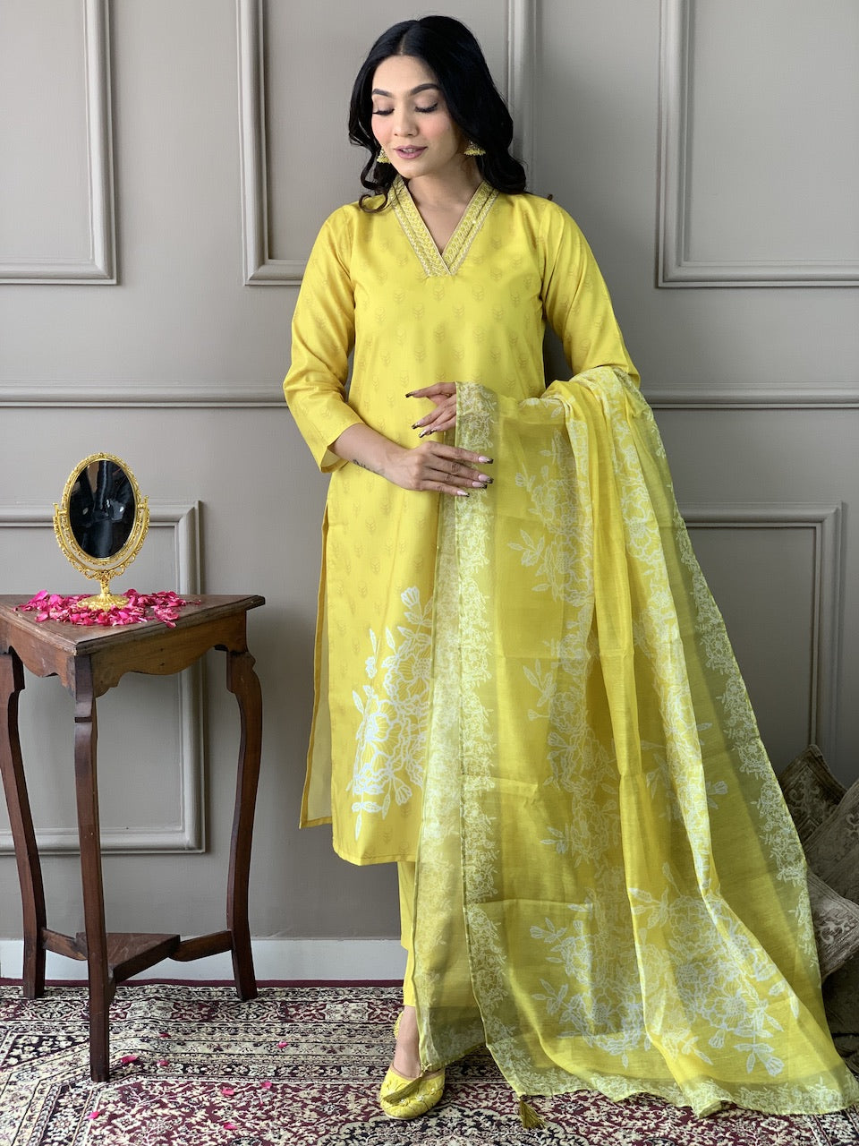 The52 Yellow Embroidered Rayon Fabric Straight Kurta, Pant and Dupatta Set