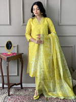 Thumbnail for The52 Yellow Embroidered Rayon Fabric Straight Kurta, Pant and Dupatta Set