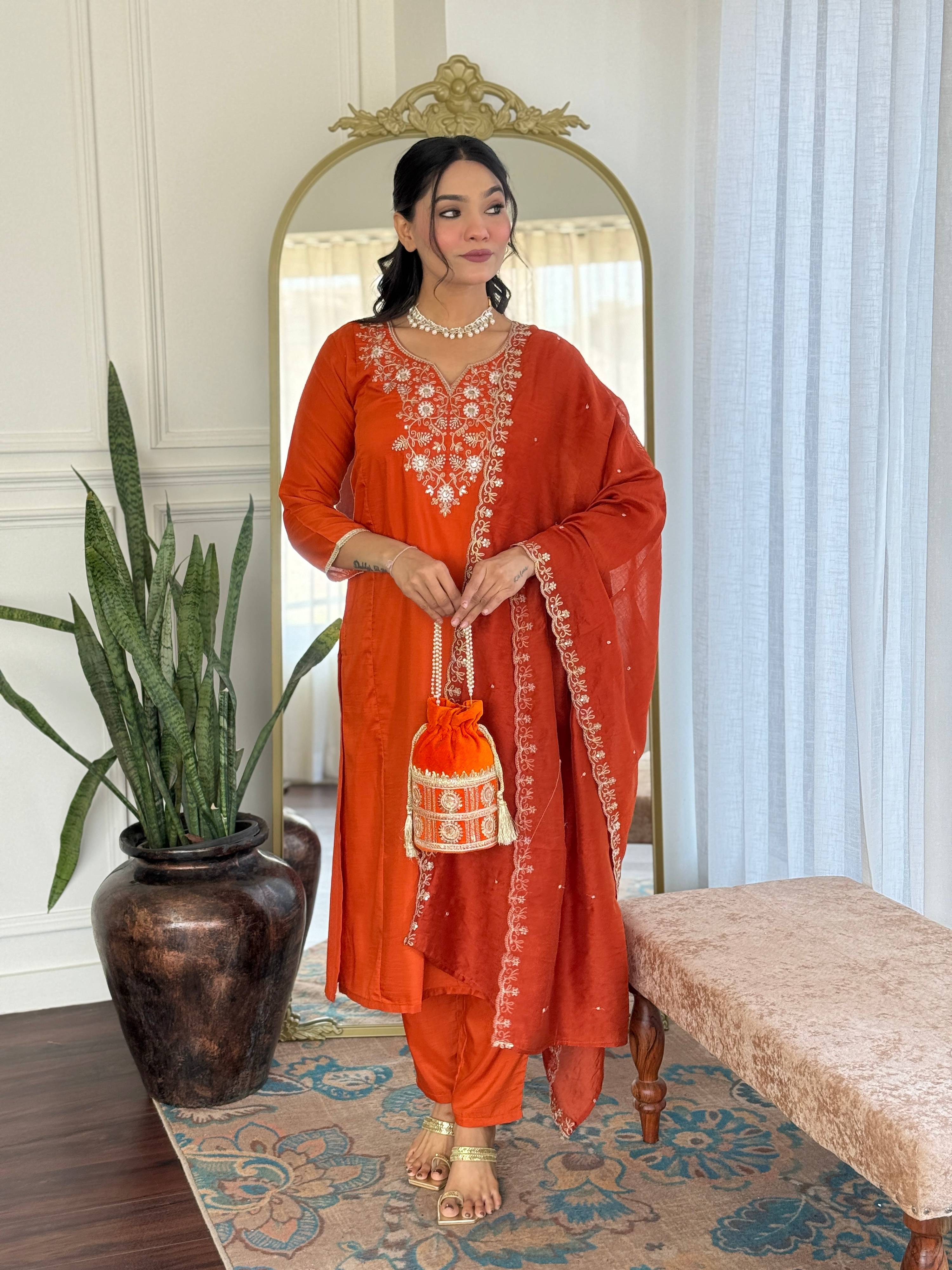 The52 Women's Beautiful Viscose Chinon Embroidered Straight Kurta with Pant And Dupatta Set
