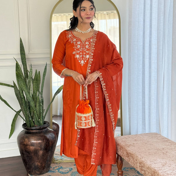 The52 Women's Beautiful Viscose Chinon Embroidered Straight Kurta with Pant And Dupatta Set