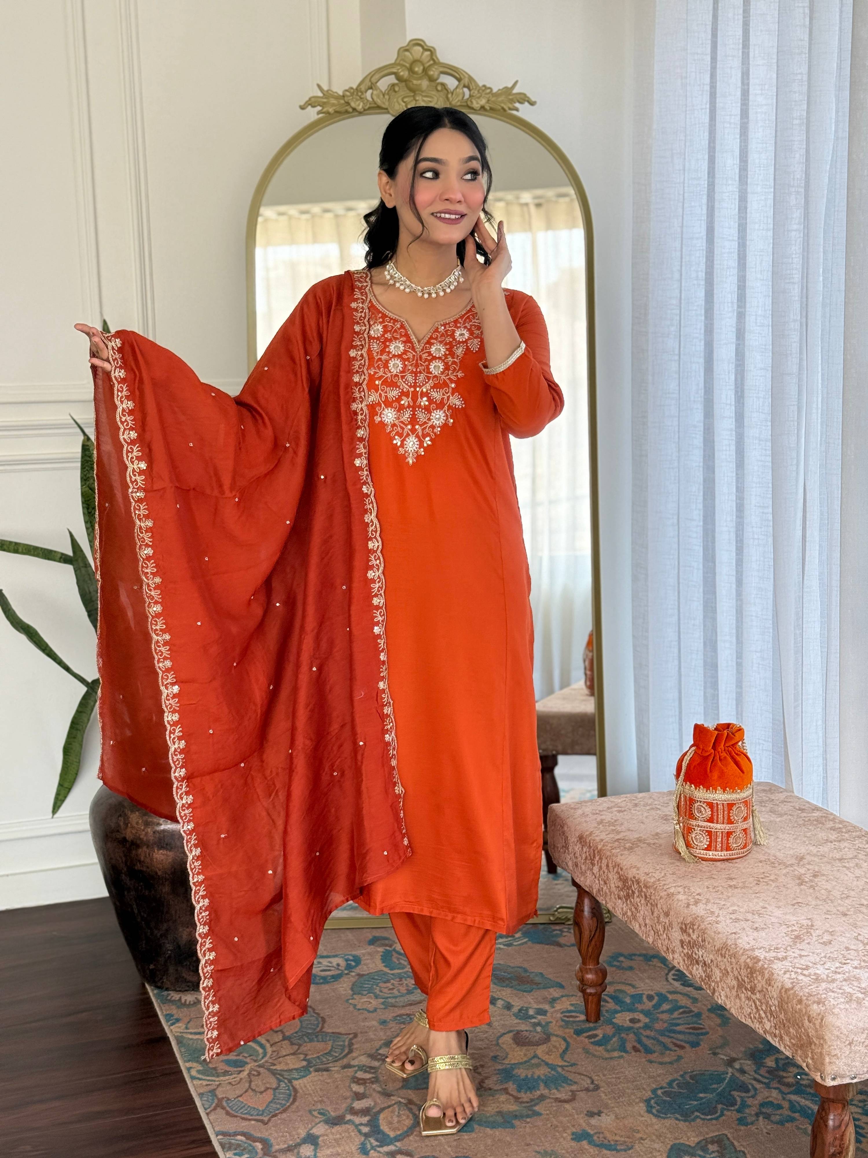 The52 Women's Beautiful Viscose Chinon Embroidered Straight Kurta with Pant And Dupatta Set
