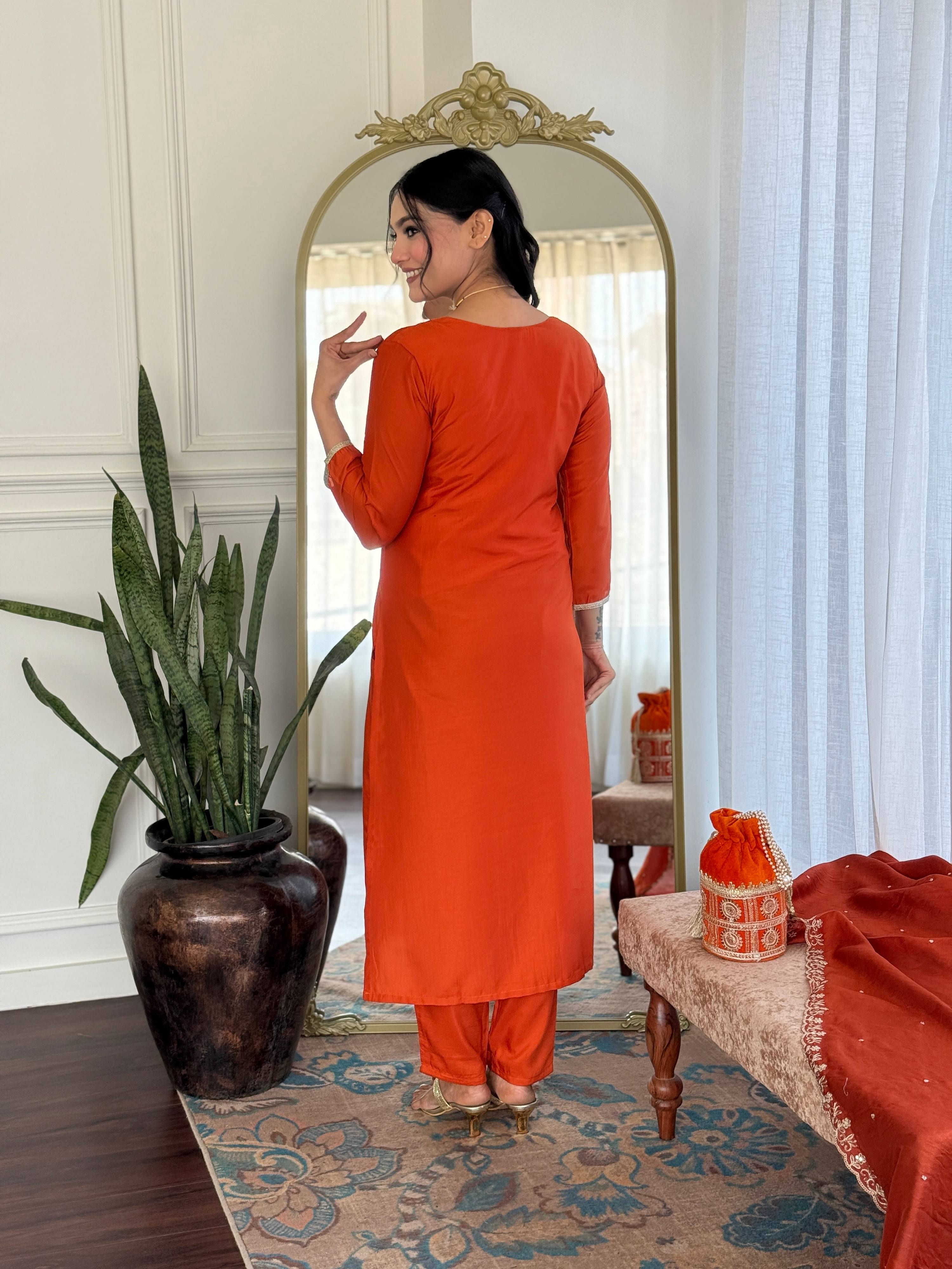 The52 Women's Beautiful Viscose Chinon Embroidered Straight Kurta with Pant And Dupatta Set