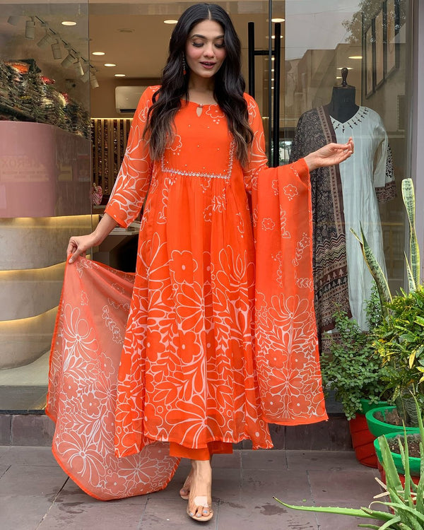 Teeya Creation Orange Color Faux Georgette With Digital Print And Embroidery Work Fully Stitched Kurti Set