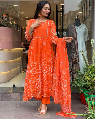 Malishka Women's Orange Faux Georgette Printed & Embroidered Kurta Pant Set With Dupatta - Distacart