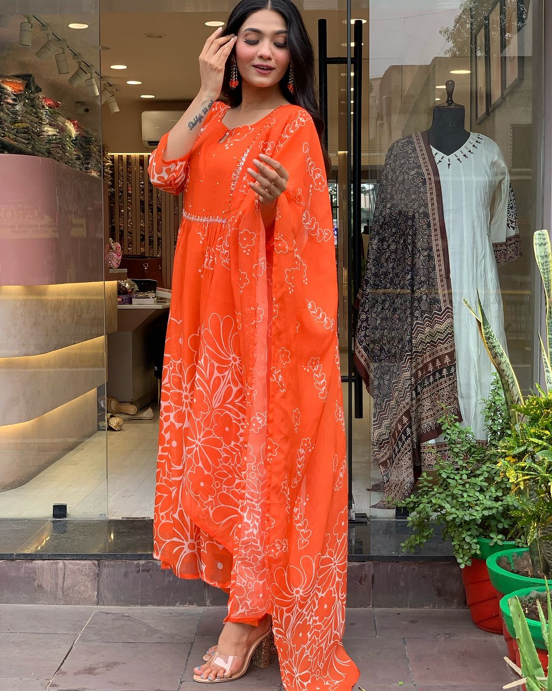 Teeya Creation Orange Color Faux Georgette With Digital Print And Embroidery Work Fully Stitched Kurti Set