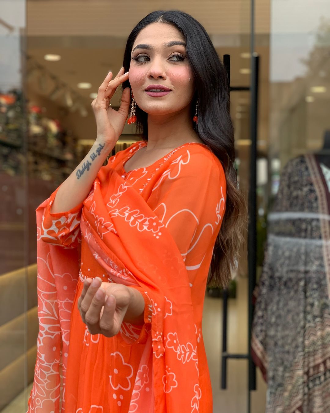Teeya Creation Orange Color Faux Georgette With Digital Print And Embroidery Work Fully Stitched Kurti Set