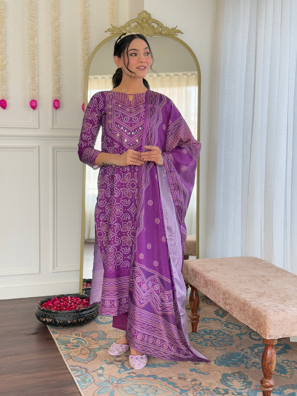 Teeya Creation Purple Color French Crepe With Digital Print And Embroidery Work Fully Stitched Kurti Set