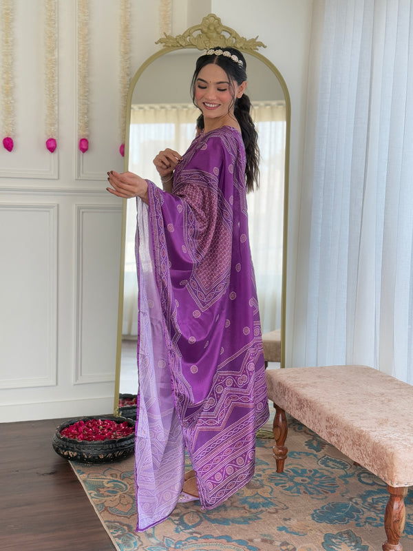 Teeya Creation Purple Color French Crepe With Digital Print And Embroidery Work Fully Stitched Kurti Set