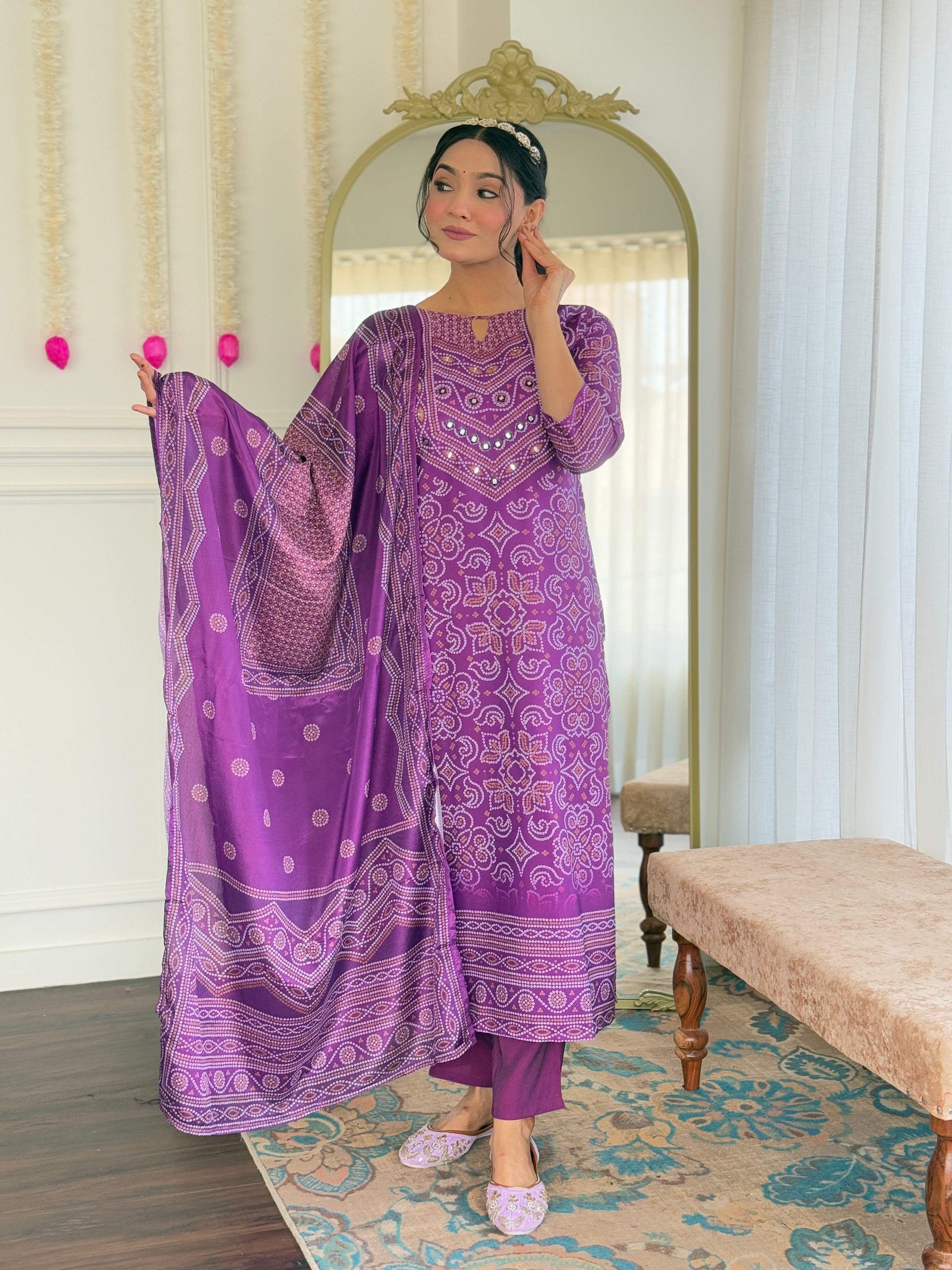 Teeya Creation Purple Color French Crepe With Digital Print And Embroidery Work Fully Stitched Kurti Set