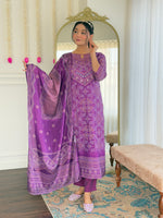 Thumbnail for Teeya Creation Purple Color French Crepe With Digital Print And Embroidery Work Fully Stitched Kurti Set