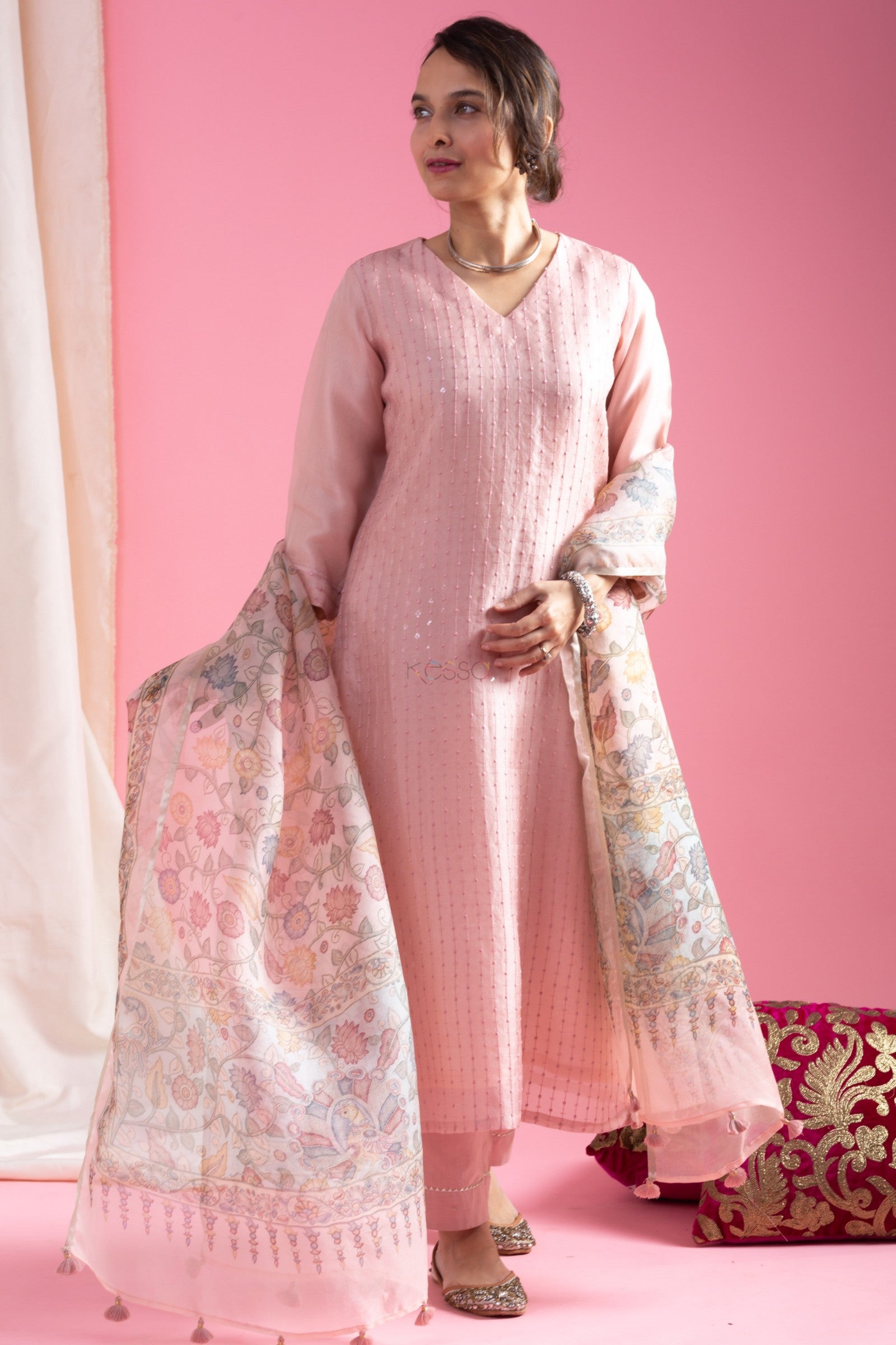 Teeya Creation Peach Color Viscose Chanderi Embroidery Work Fully Stitched Kurti Set - Distacart