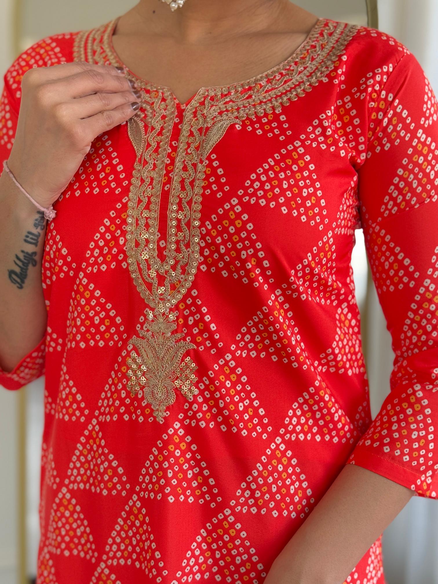 The52 Red French Crepe Fabric Straight Kurta, Pant and Dupatta Set