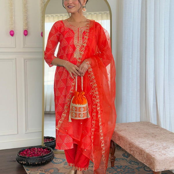 The52 Red French Crepe Fabric Straight Kurta, Pant and Dupatta Set - Distacart