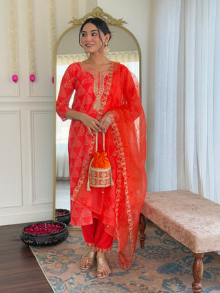 The52 Red French Crepe Fabric Straight Kurta, Pant and Dupatta Set