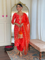 Thumbnail for The52 Red French Crepe Fabric Straight Kurta, Pant and Dupatta Set