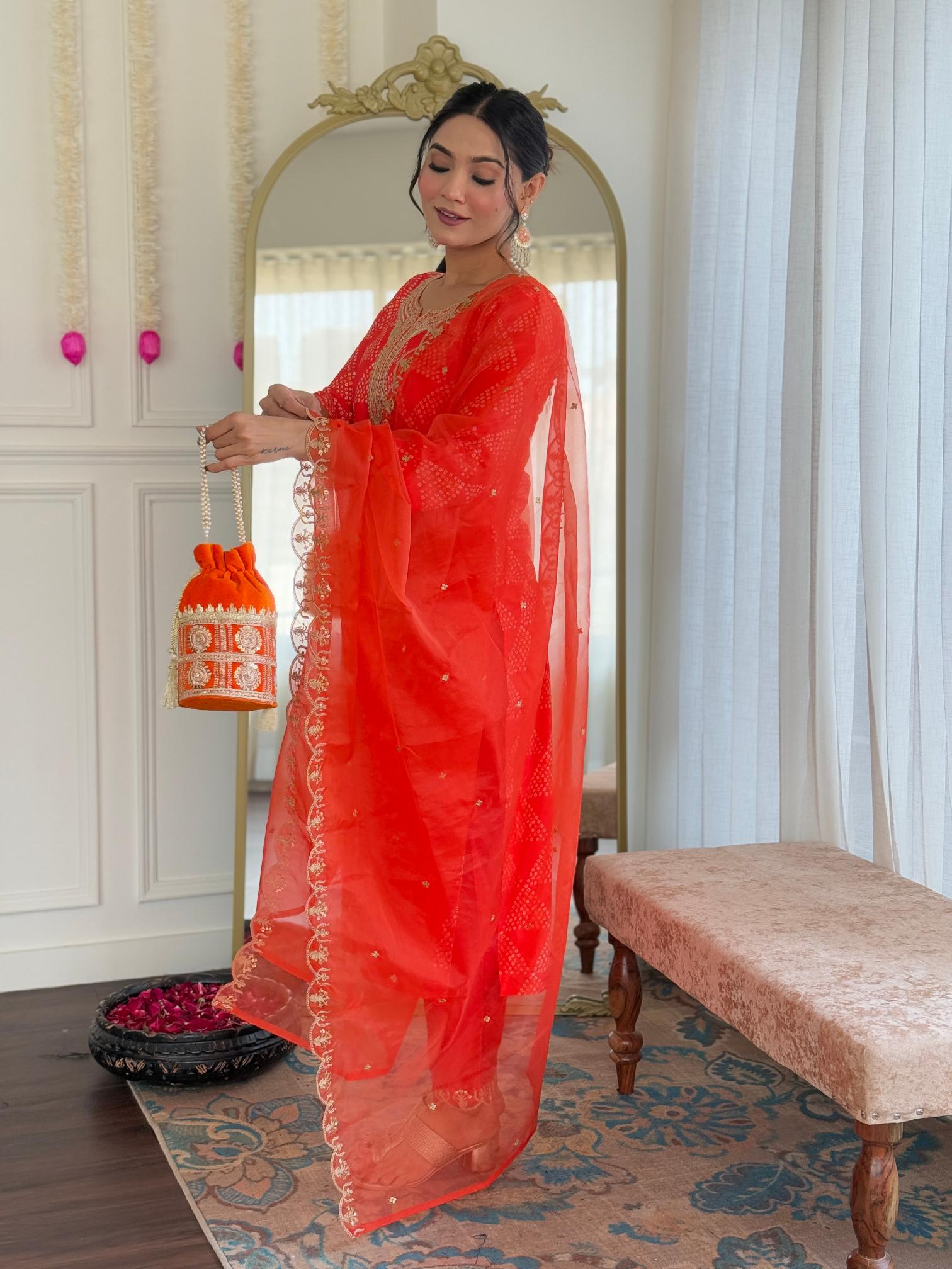 The52 Red French Crepe Fabric Straight Kurta, Pant and Dupatta Set