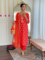 Thumbnail for The52 Red French Crepe Fabric Straight Kurta, Pant and Dupatta Set