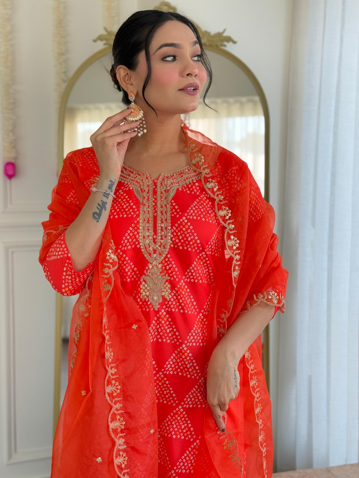 The52 Red French Crepe Fabric Straight Kurta, Pant and Dupatta Set