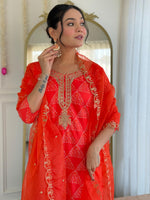 Thumbnail for The52 Red French Crepe Fabric Straight Kurta, Pant and Dupatta Set