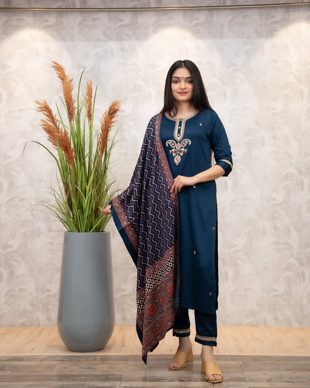 The52 Women's Gorgeous Chanderi Silk Embroidery Straight Kurta with Pant and Dupatta Set