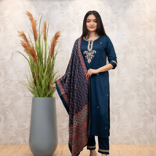 The52 Women's Gorgeous Chanderi Silk Embroidery Straight Kurta with Pant and Dupatta Set - Distacart